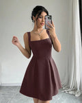 Classic Square Neck Sleeveless Flare Dress in Chocolate