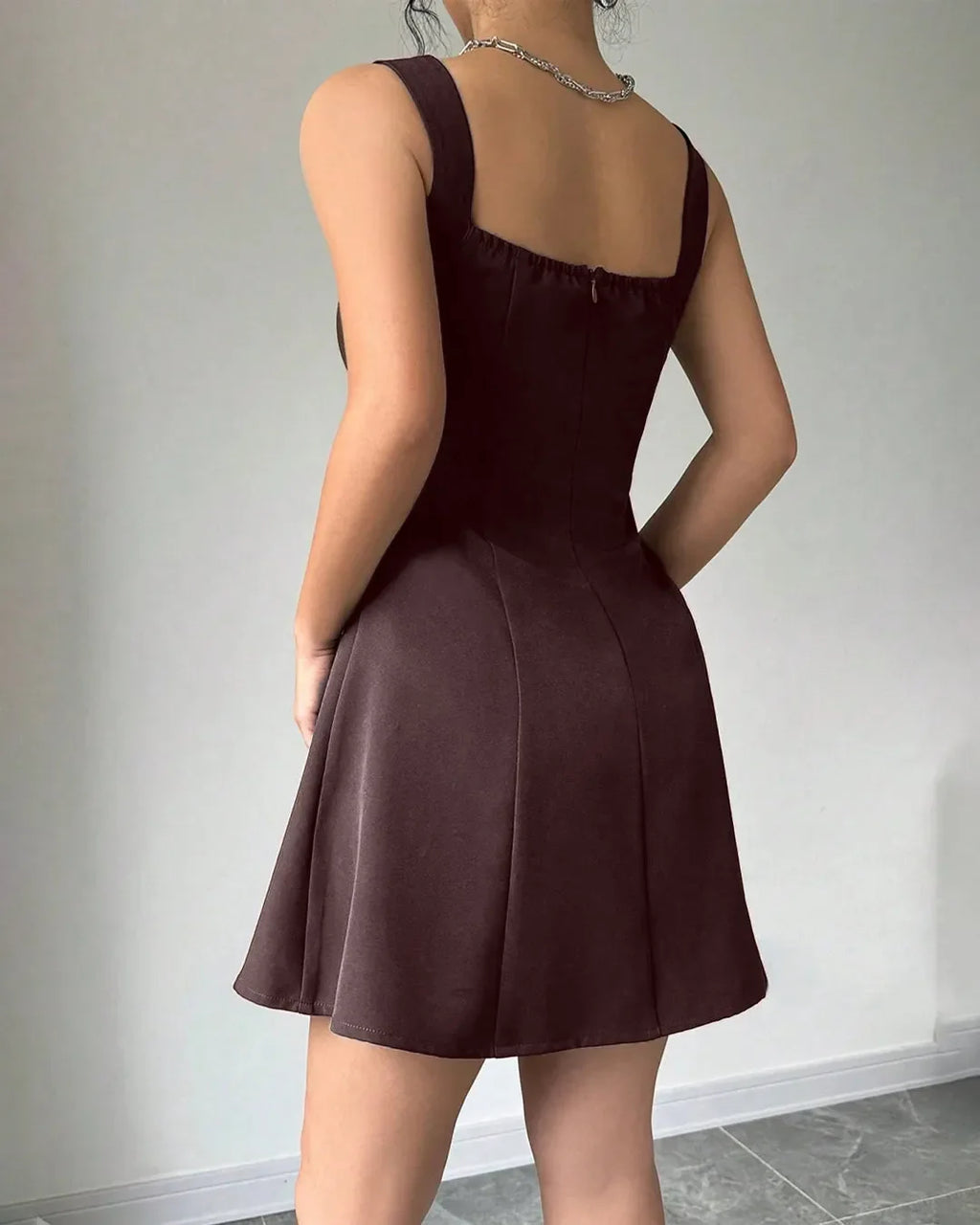 Classic Square Neck Sleeveless Flare Dress in Chocolate