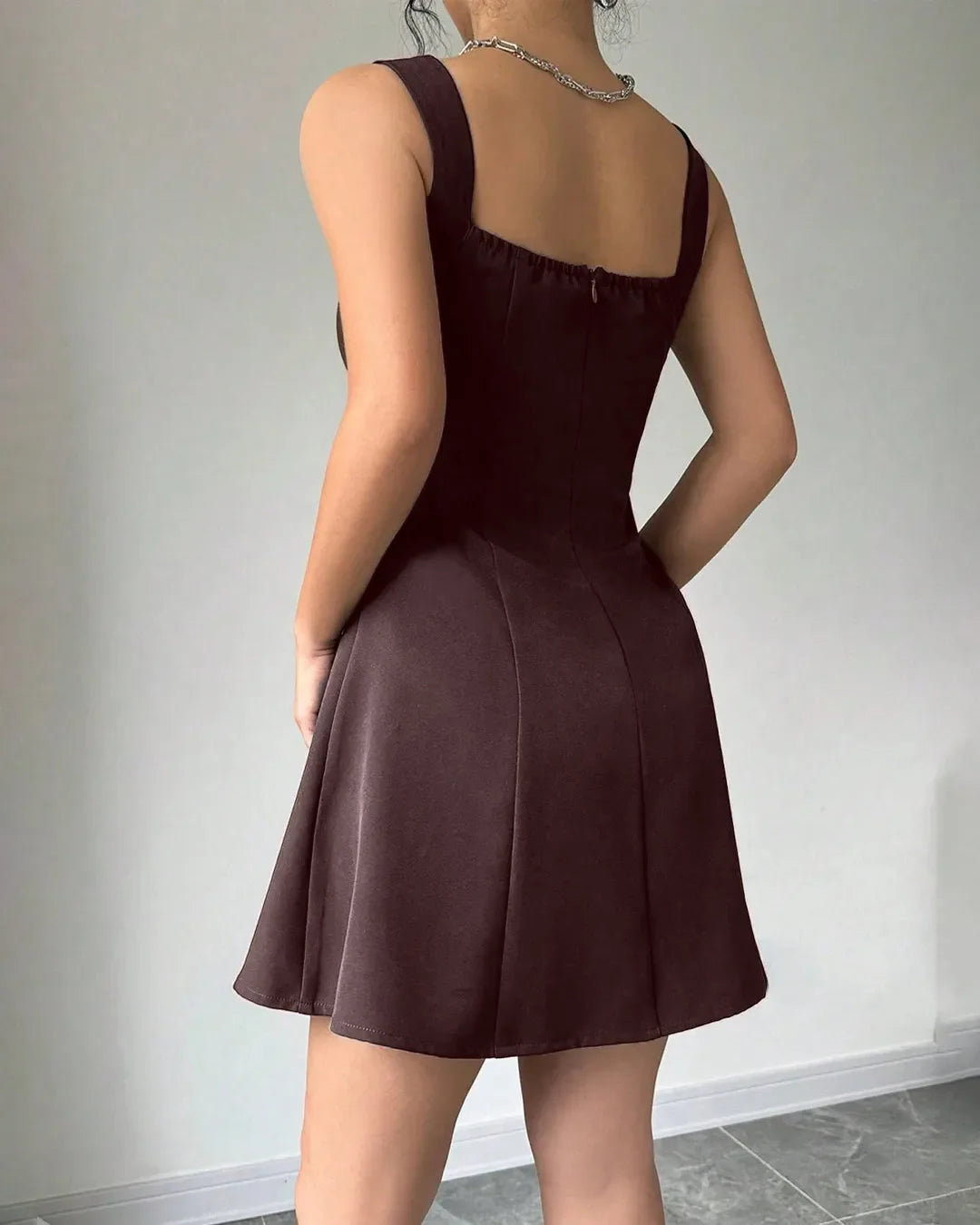 Classic Square Neck Sleeveless Flare Dress in Chocolate