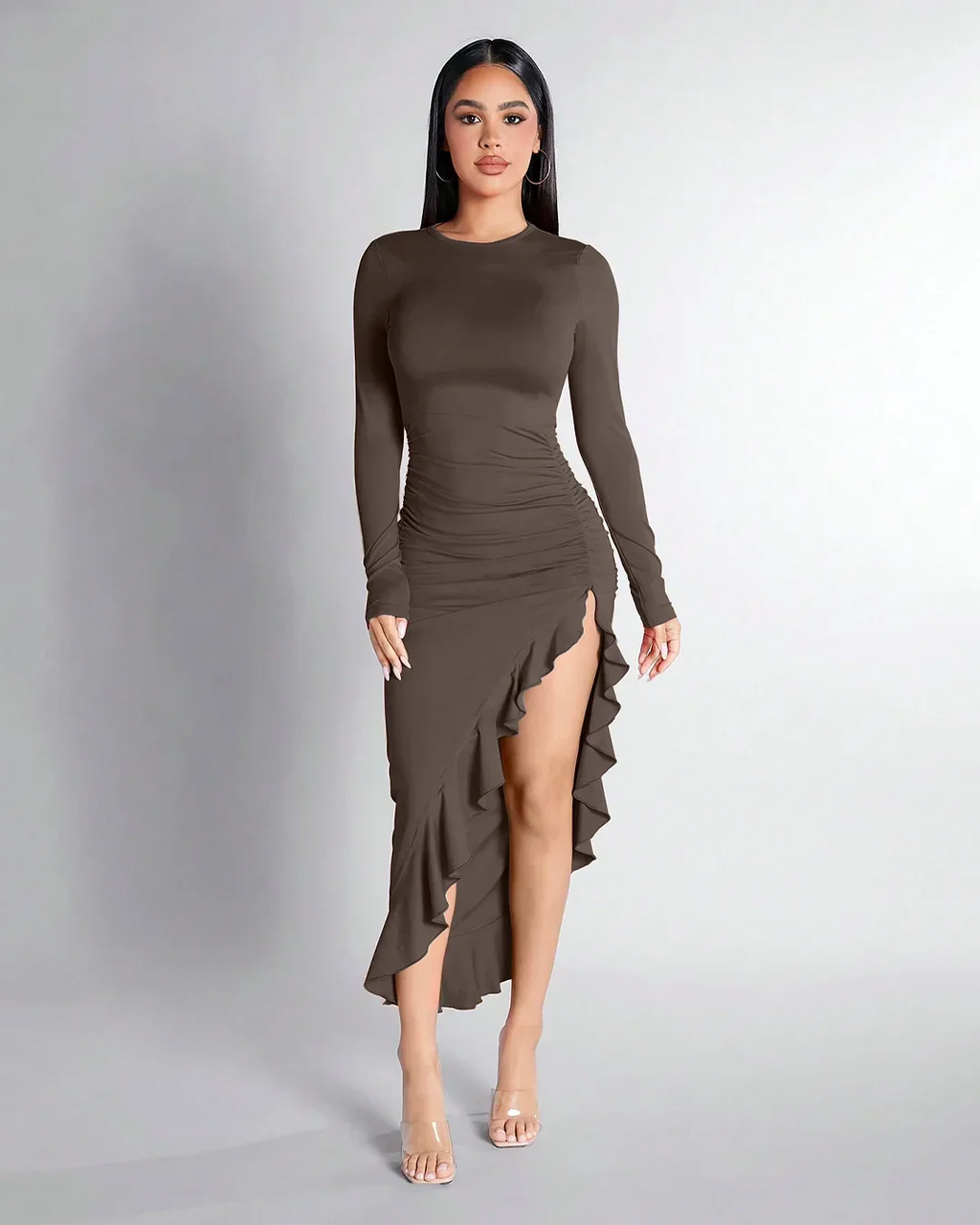 Coco Ruched High-Slit Ruffle Hem Dress
