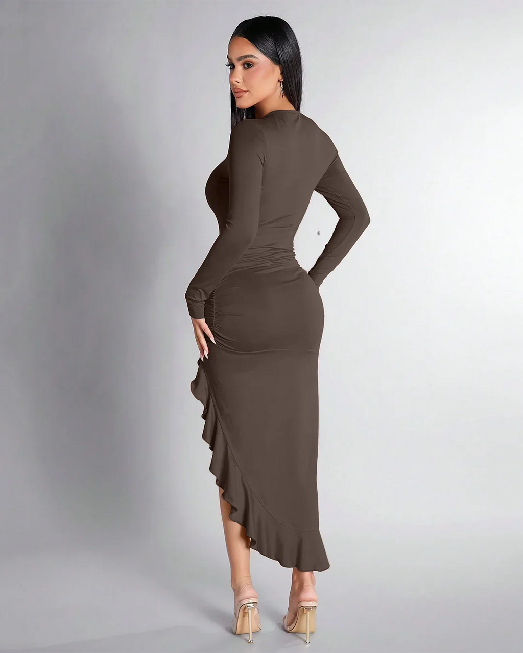 Coco Ruched High-Slit Ruffle Hem Dress