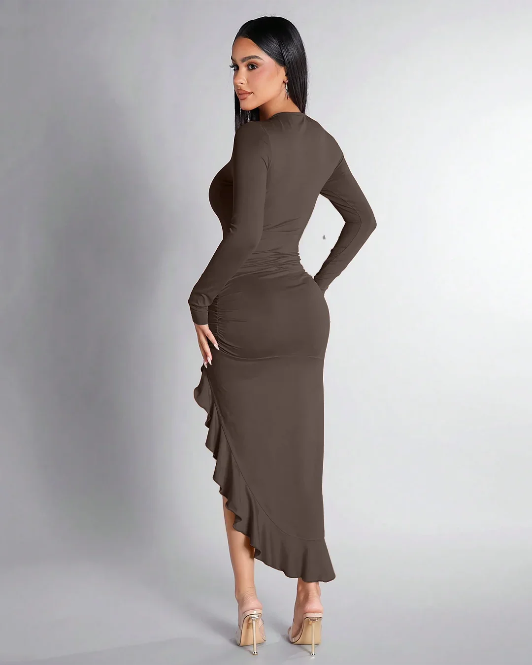 Coco Ruched High-Slit Ruffle Hem Dress