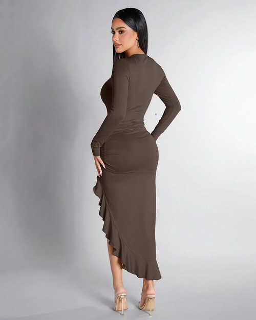 Coco Ruched High-Slit Ruffle Hem Dress