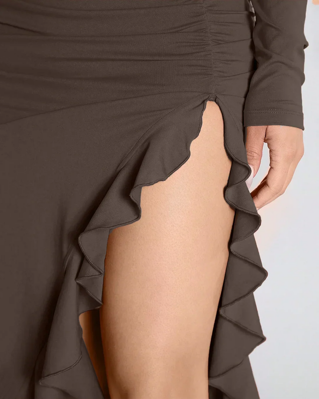 Coco Ruched High-Slit Ruffle Hem Dress