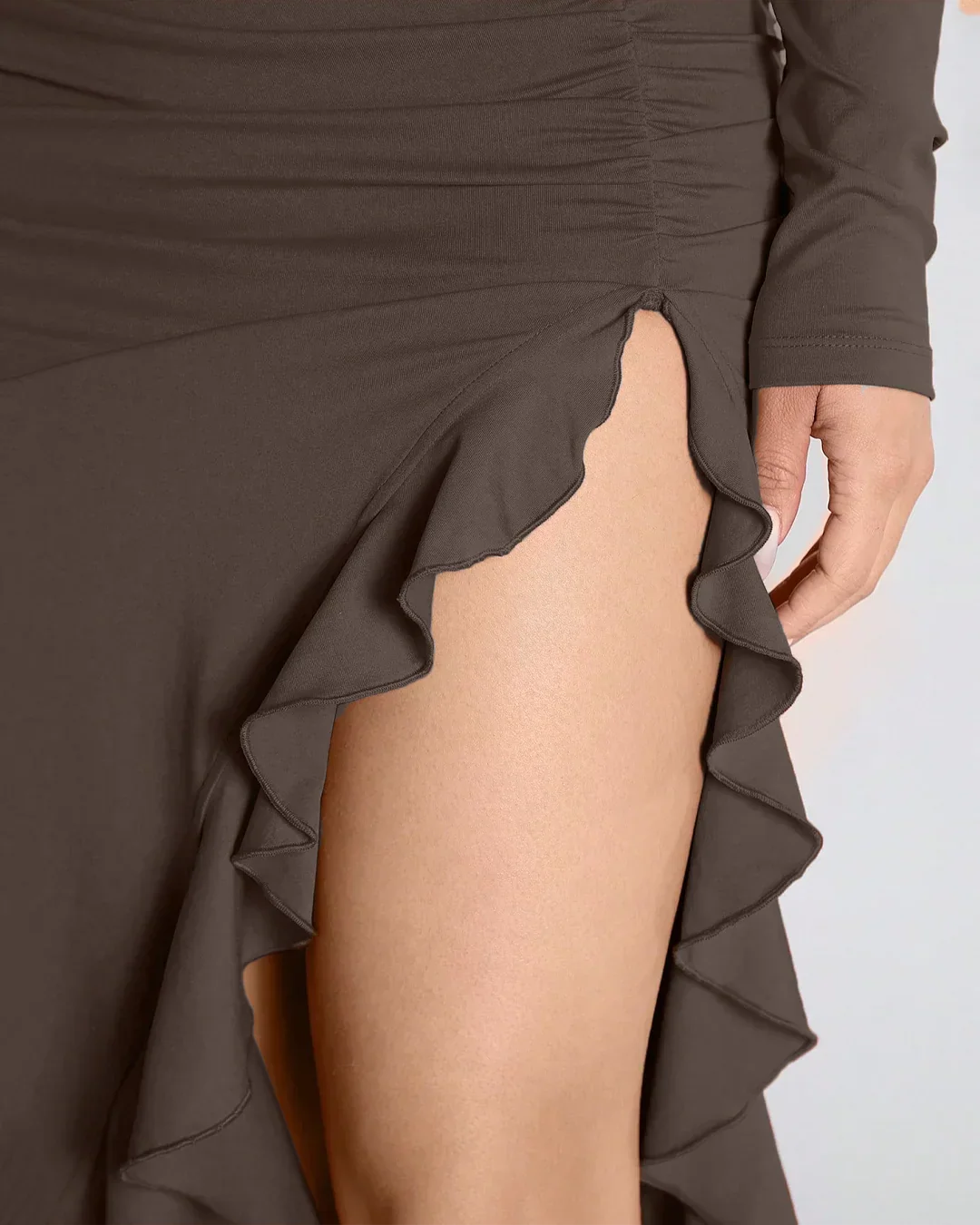 Coco Ruched High-Slit Ruffle Hem Dress