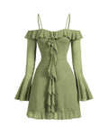 Cold Shoulder Ruffle Trim Flounce Sleeve Dress in Herbal Green