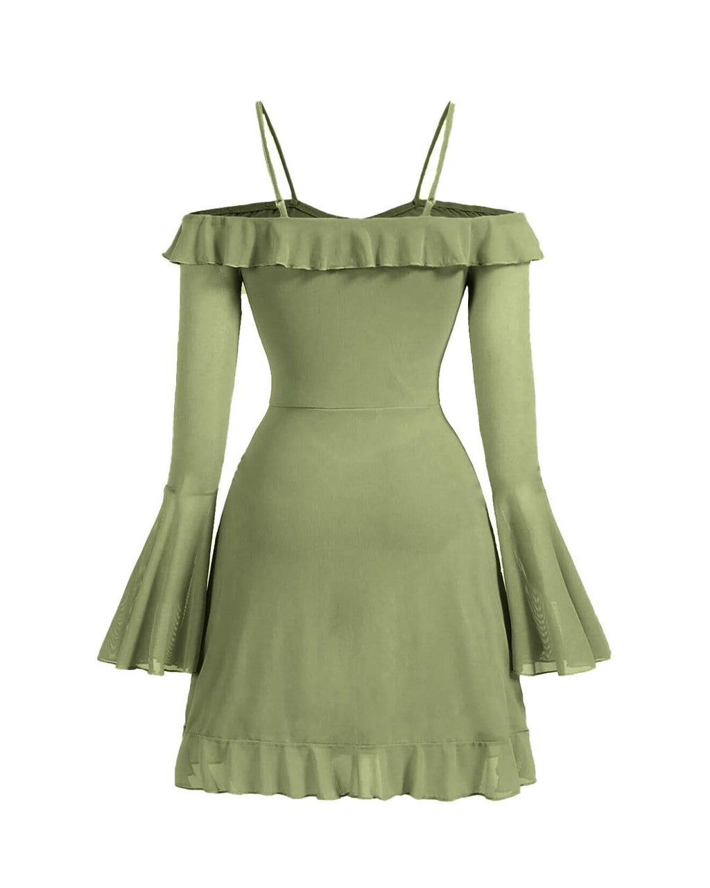 Cold Shoulder Ruffle Trim Flounce Sleeve Dress in Herbal Green