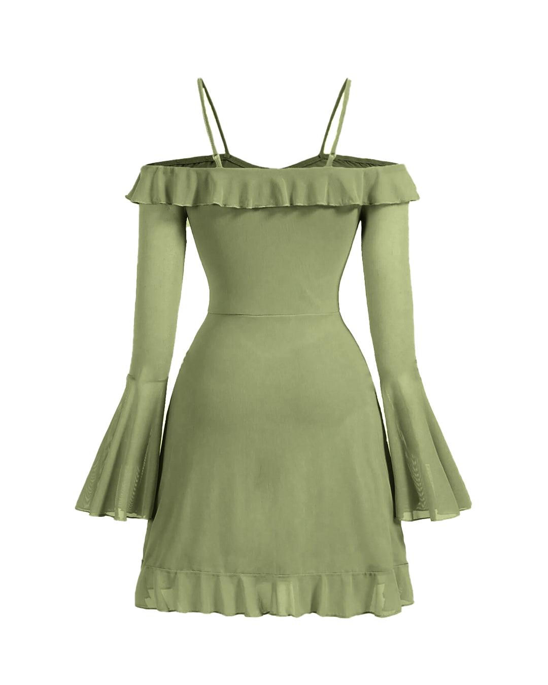 Cold Shoulder Ruffle Trim Flounce Sleeve Dress in Herbal Green