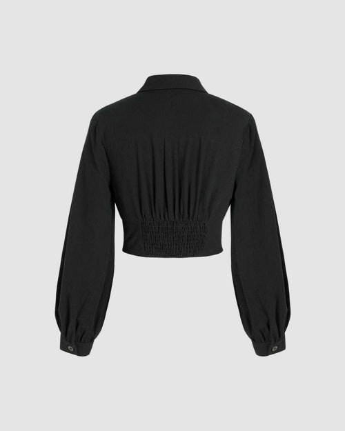 Collar Neck Long Sleeve Ruched Crop Black Shirt