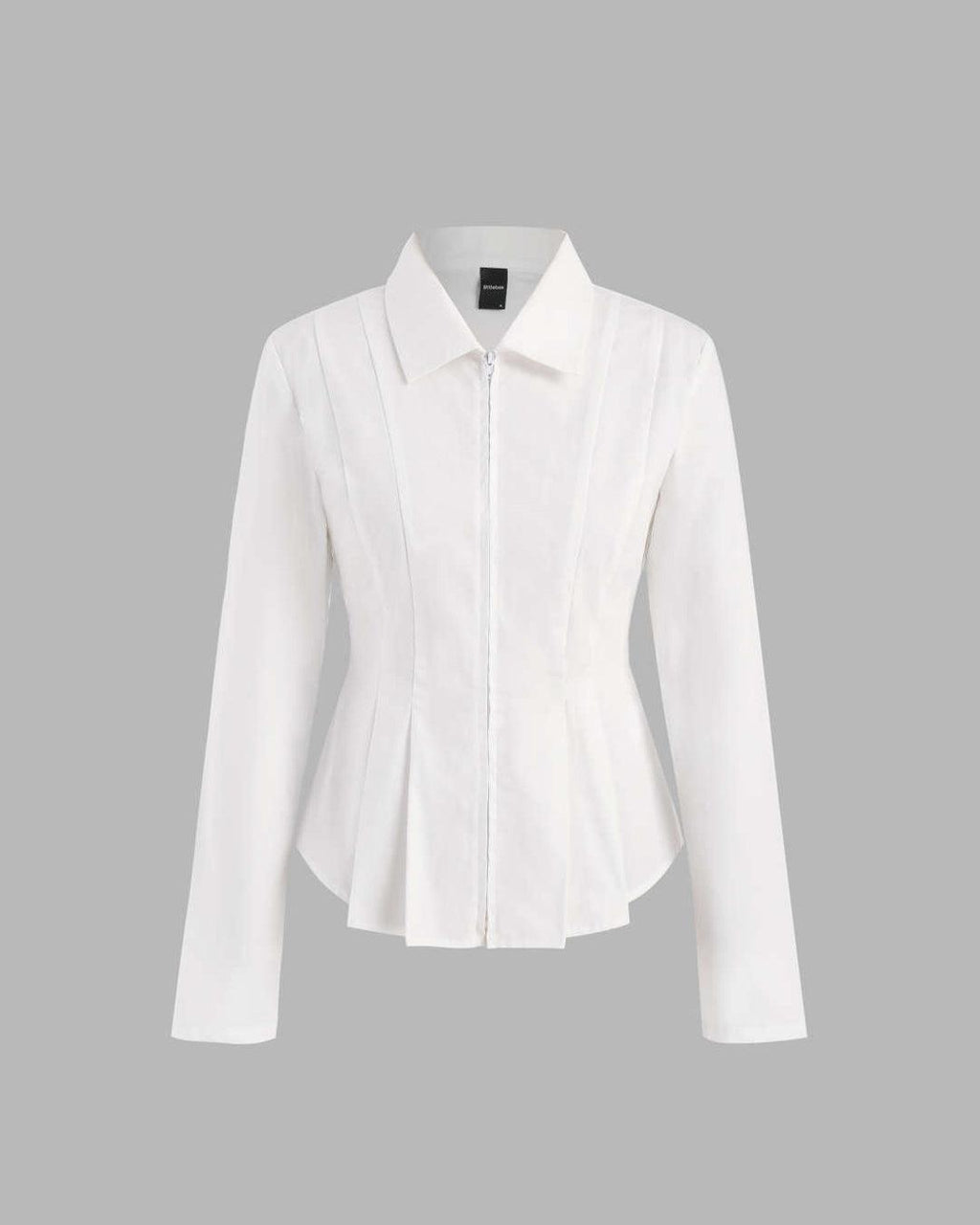 Collar Solid Pleated Zipper Long Sleeve White Shirt