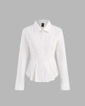 Collar Solid Pleated Zipper Long Sleeve White Shirt