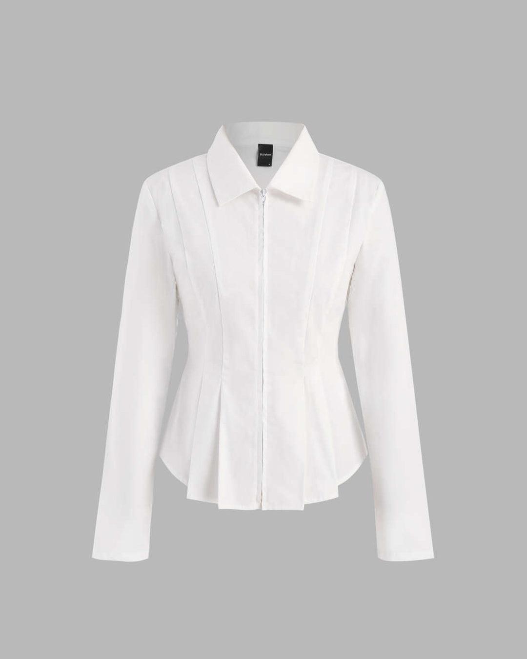 Collar Solid Pleated Zipper Long Sleeve White Shirt
