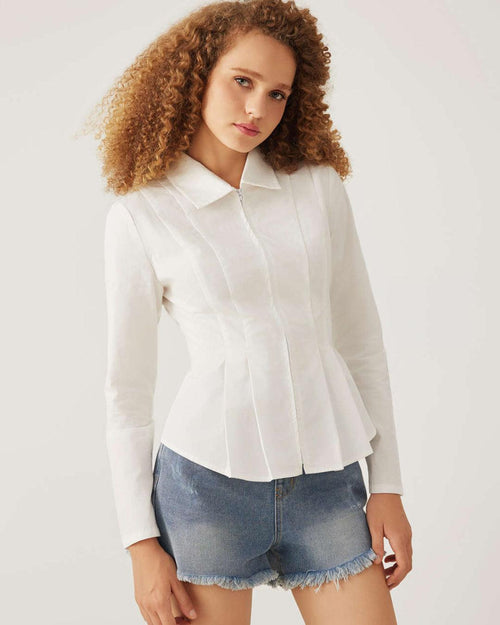 Collar Solid Pleated Zipper Long Sleeve White Shirt
