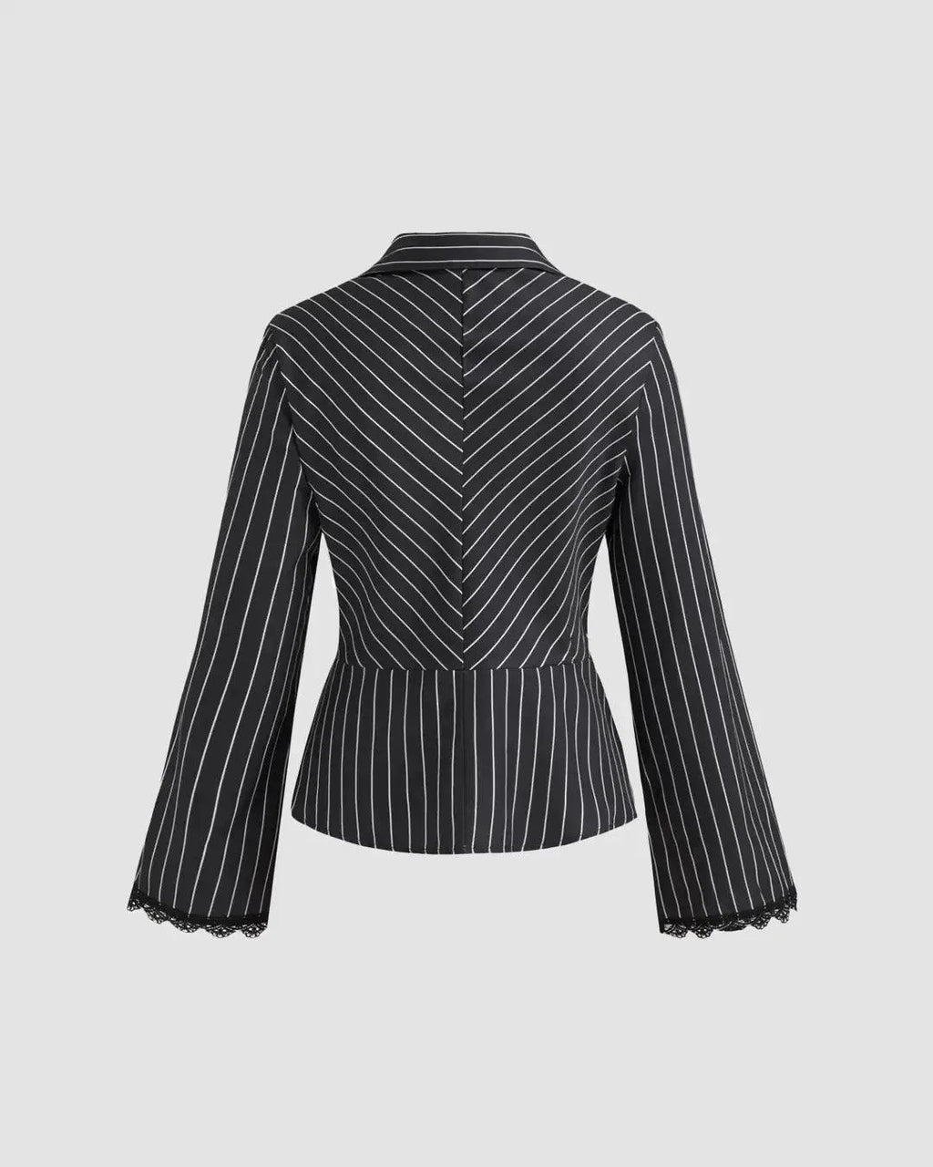 Lace Trim Collared Neck Full Sleeve Striped Shirt in Black