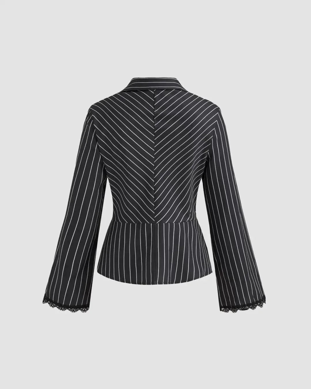 Lace Trim Collared Neck Full Sleeve Striped Shirt in Black