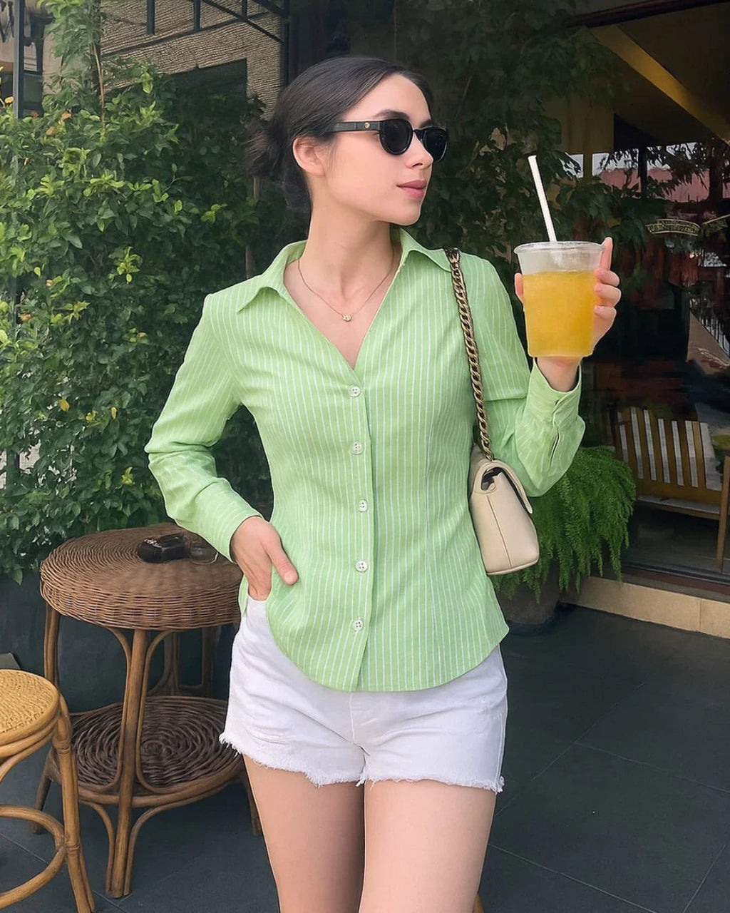 Collar Striped Long Sleeve Shirt In Sage Green