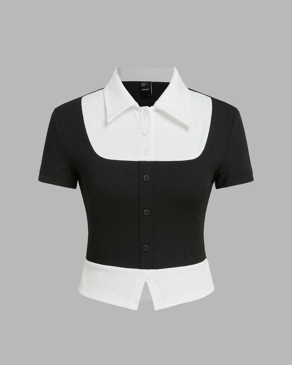Collar Two Tone Front Button Front Short Sleeve Top
