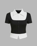 Collar Two Tone Front Button Front Short Sleeve Top