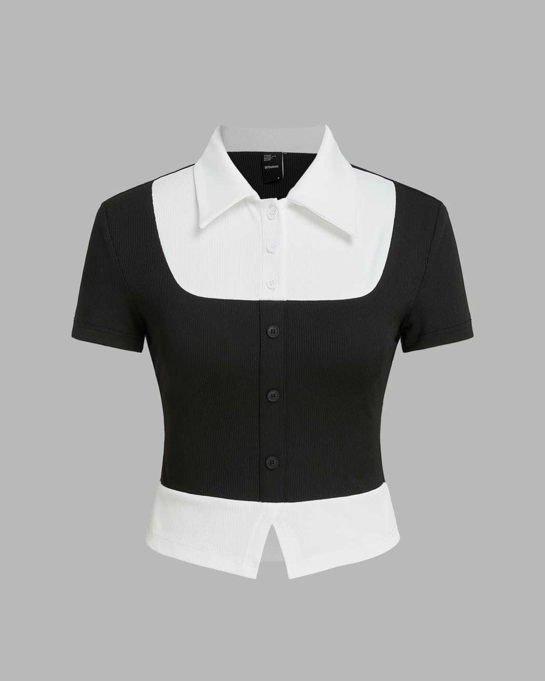 Collar Two Tone Front Button Front Short Sleeve Top