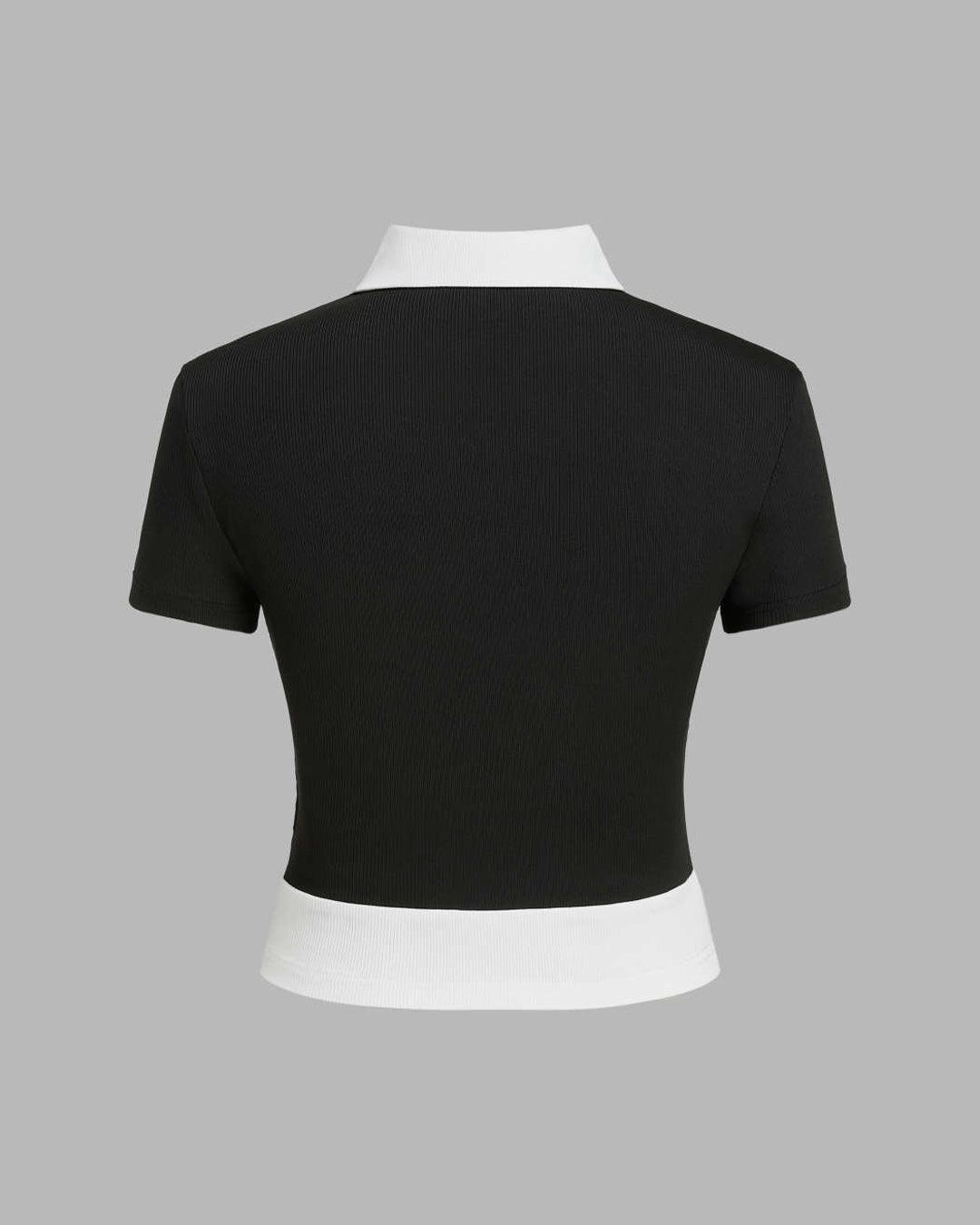 Collar Two Tone Front Button Front Short Sleeve Top