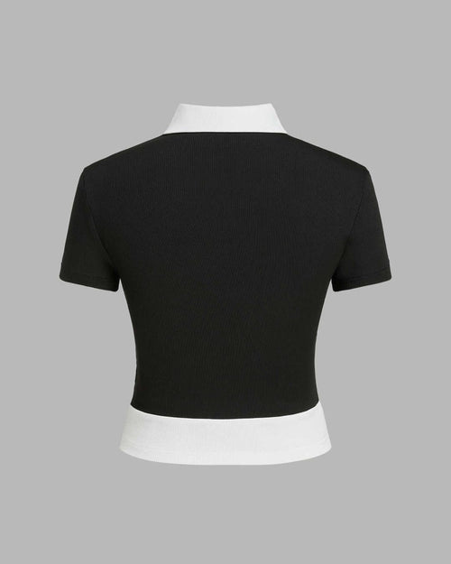 Collar Two Tone Front Button Front Short Sleeve Top