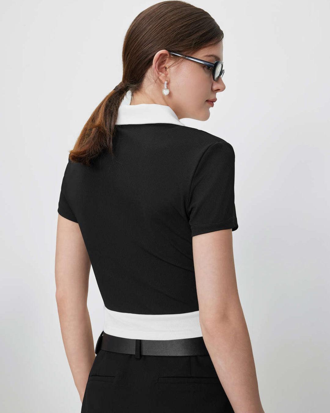 Collar Two Tone Front Button Front Short Sleeve Top