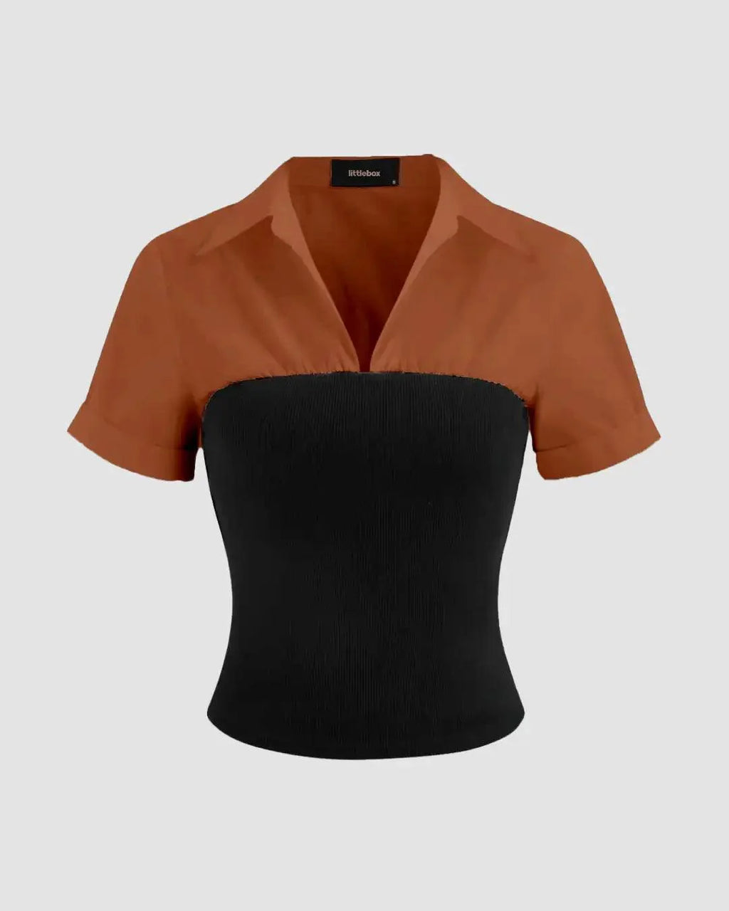 Collar Two Tone Patchy Short Sleeve Shirt In Brown