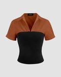 Collar Two Tone Patchy Short Sleeve Shirt In Brown
