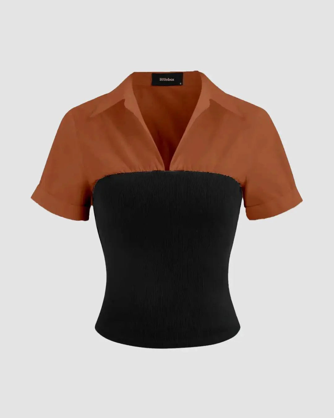 Collar Two Tone Patchy Short Sleeve Shirt In Brown
