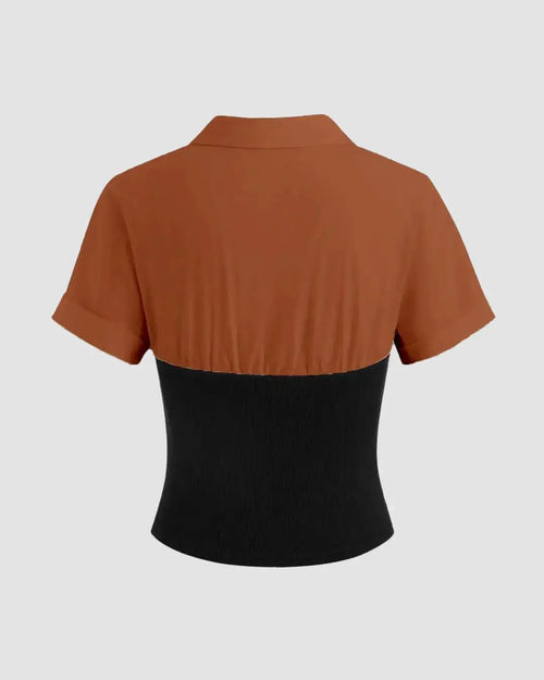 Collar Two Tone Patchy Short Sleeve Shirt In Brown