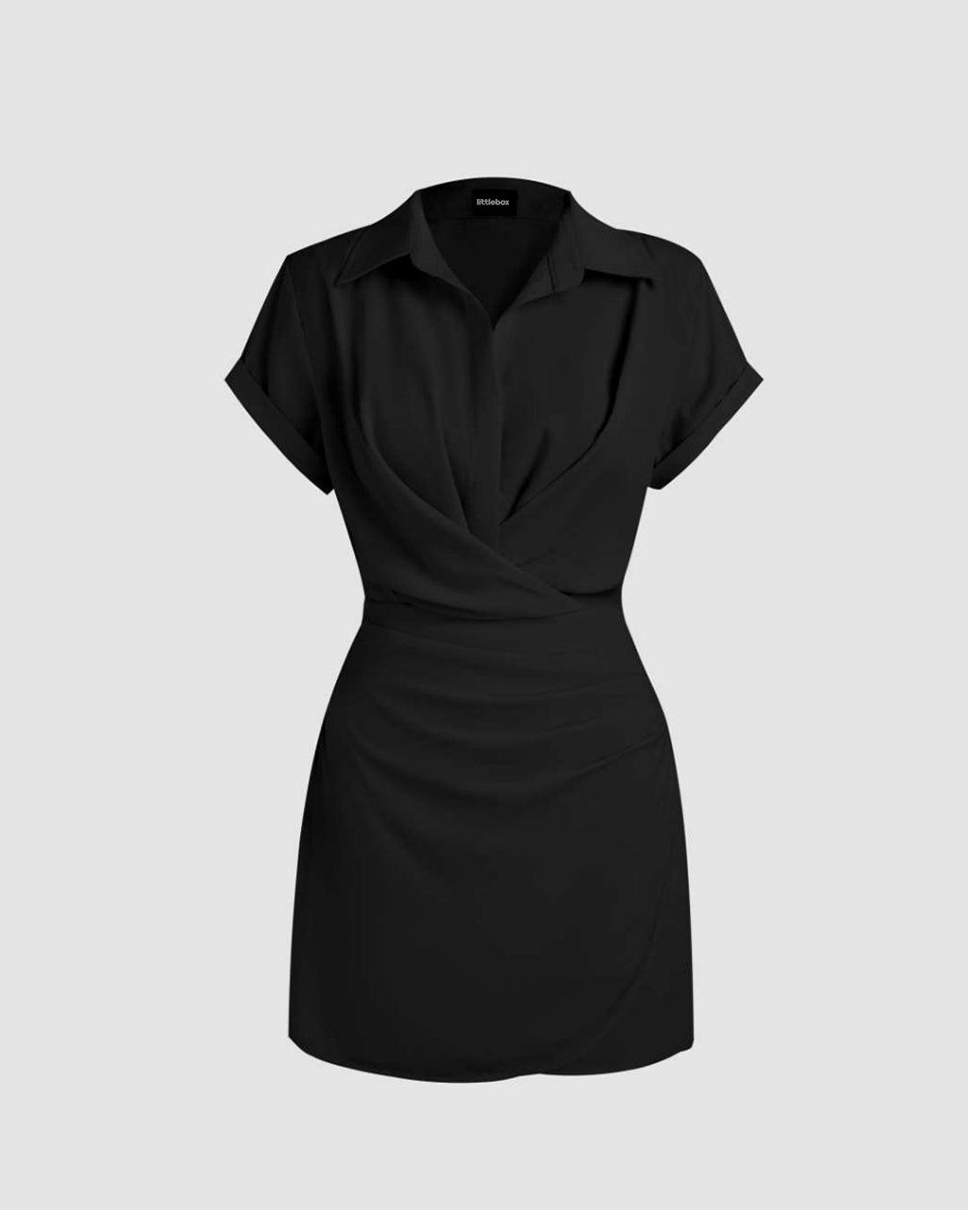 Collar Wrap Buckle Black Mini Dress