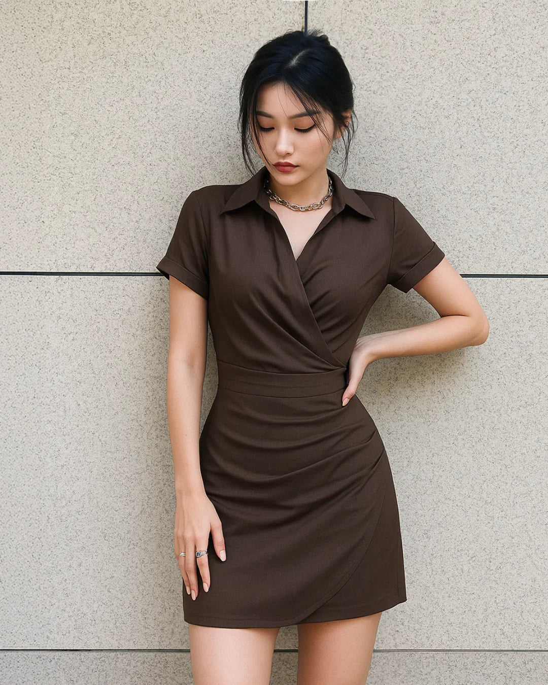 Brown Mini Dress with Collared Neck Wrap Detail in Dark Brown