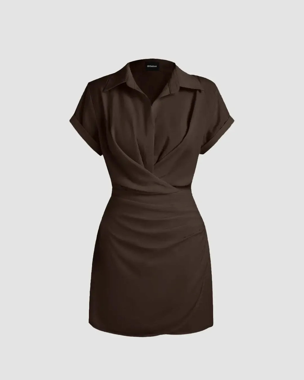 Brown Mini Dress with Collared Neck Wrap Detail in Dark Brown