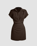 Brown Mini Dress with Collared Neck Wrap Detail in Dark Brown