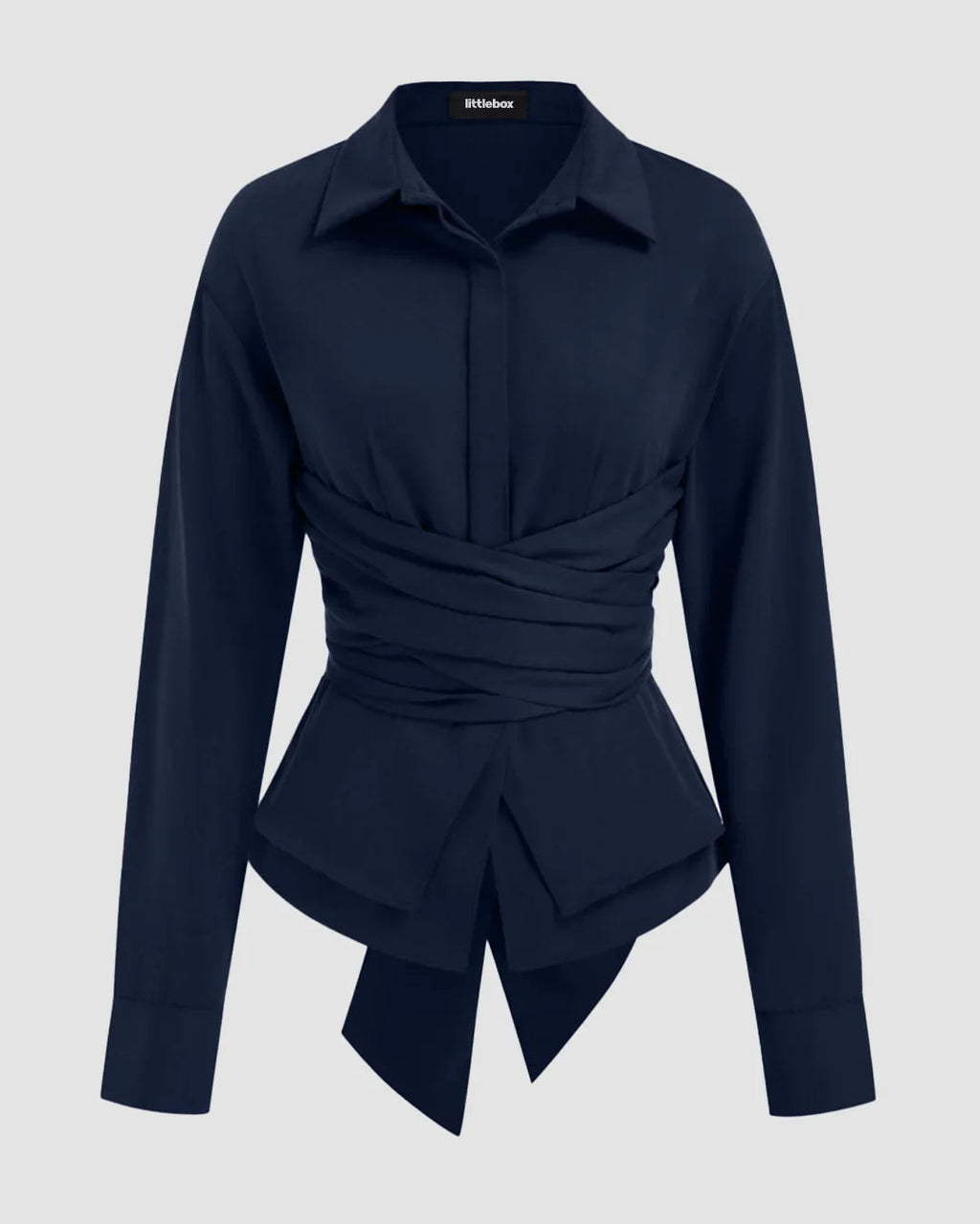 Collar Wrap Ruched Bowknot Long Sleeve Top in Navy Blue