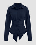 Collar Wrap Ruched Bowknot Long Sleeve Top in Navy Blue