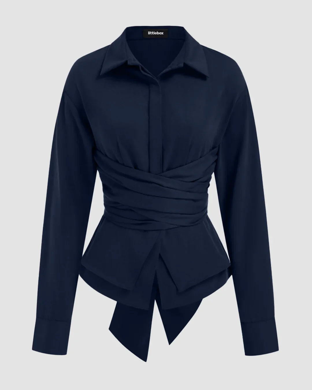 Collar Wrap Ruched Bowknot Long Sleeve Top in Navy Blue