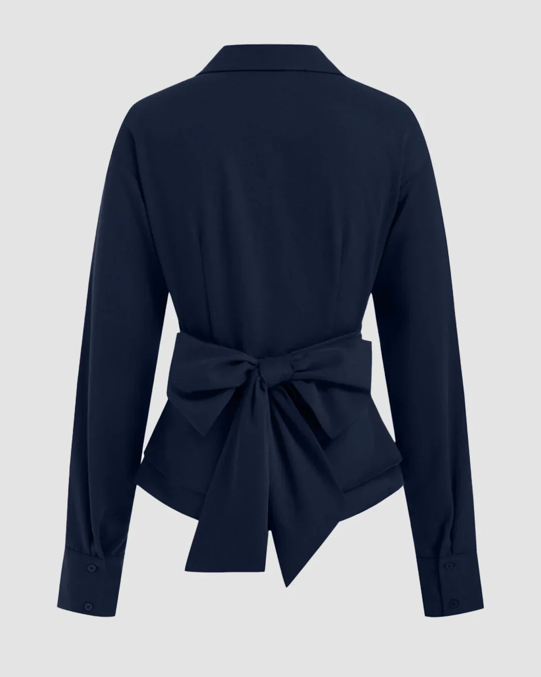 Collar Wrap Ruched Bowknot Long Sleeve Top in Navy Blue