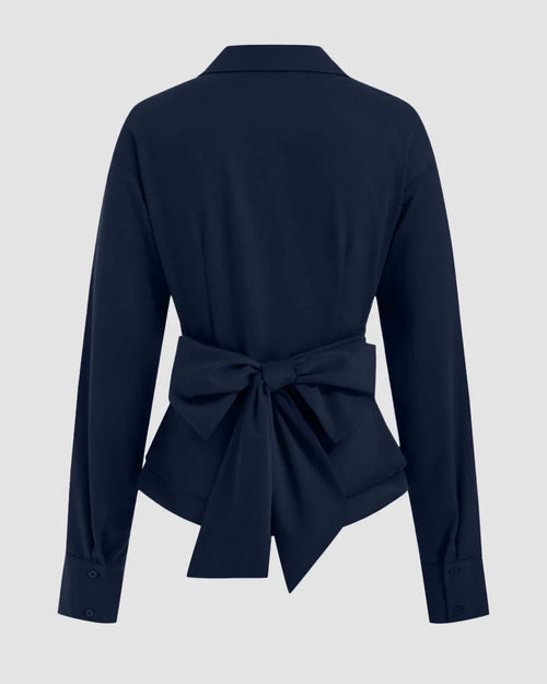 Collar Wrap Ruched Bowknot Long Sleeve Top in Navy Blue