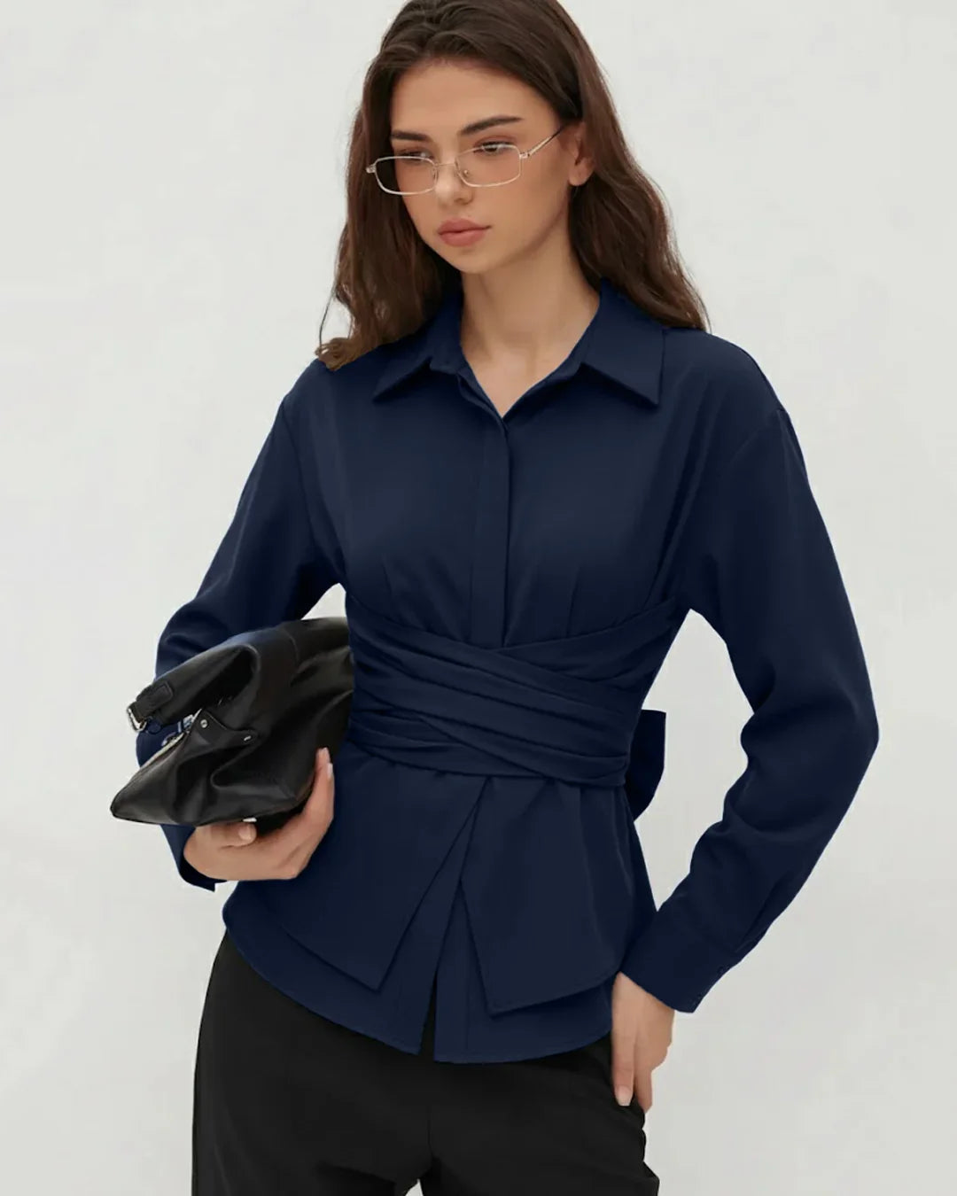 Collar Wrap Ruched Bowknot Long Sleeve Top in Navy Blue