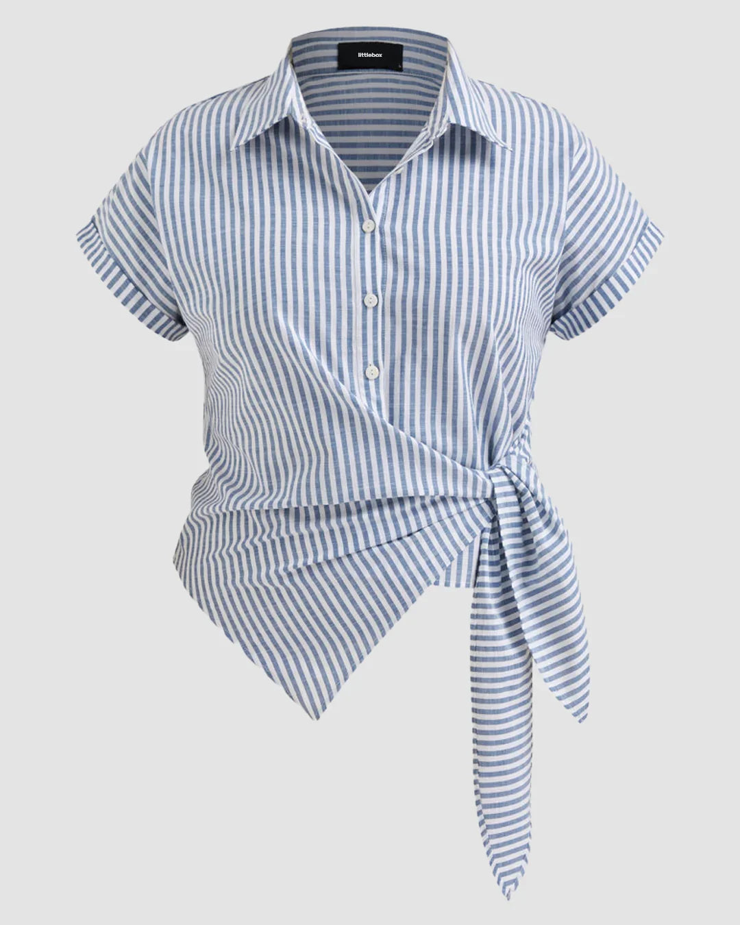 Collared Button Front Striped Top with Side Knot Curve & Plus