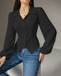 Collared Button-Down Fitted Long Sleeve Shirt in Black