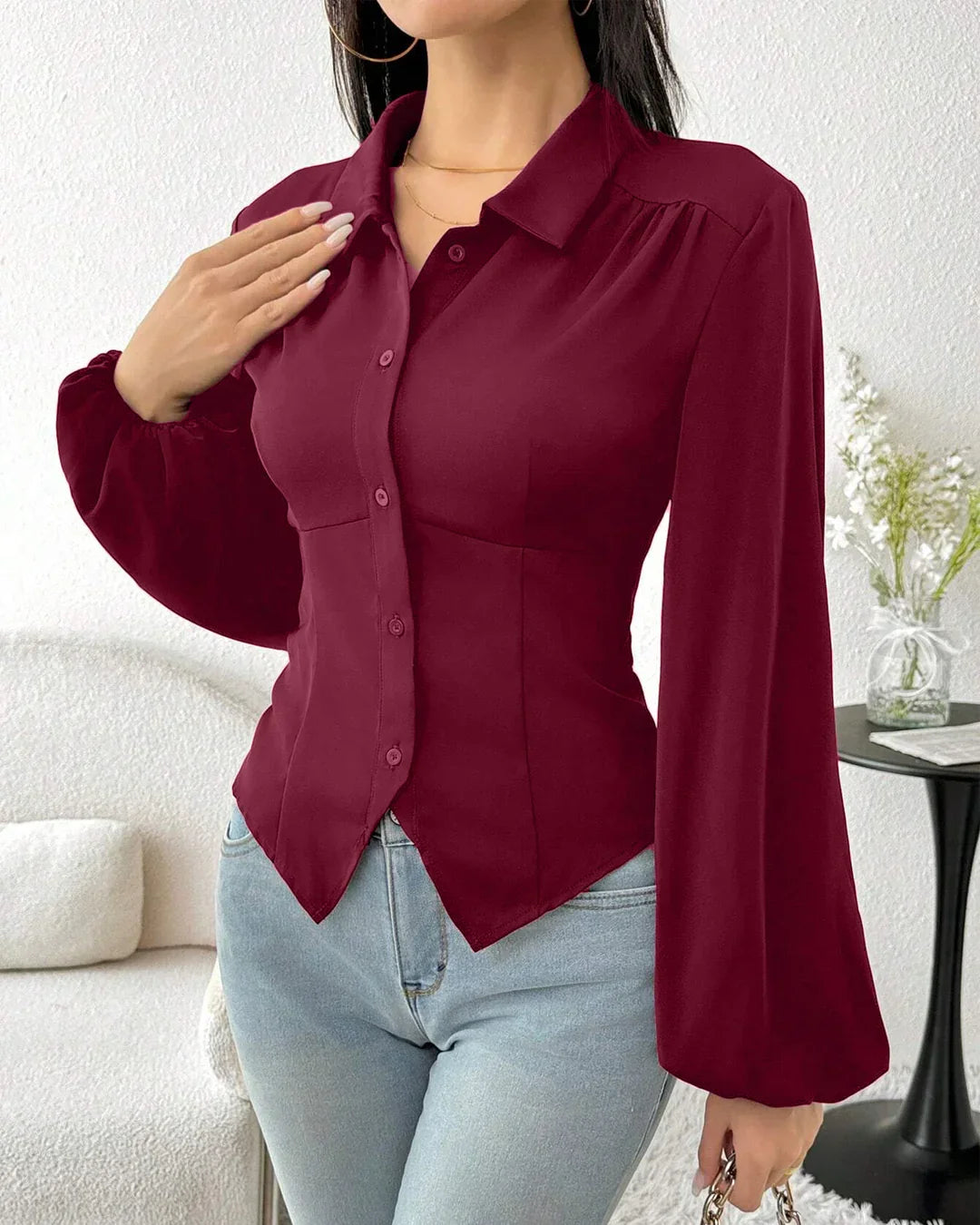 Collared Button-Down Fitted Long Sleeve Shirt in Raspberry