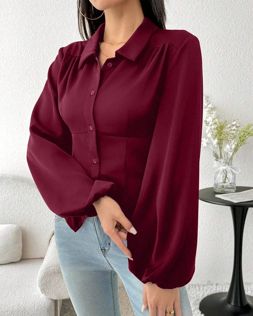 Collared Button-Down Fitted Long Sleeve Shirt in Raspberry