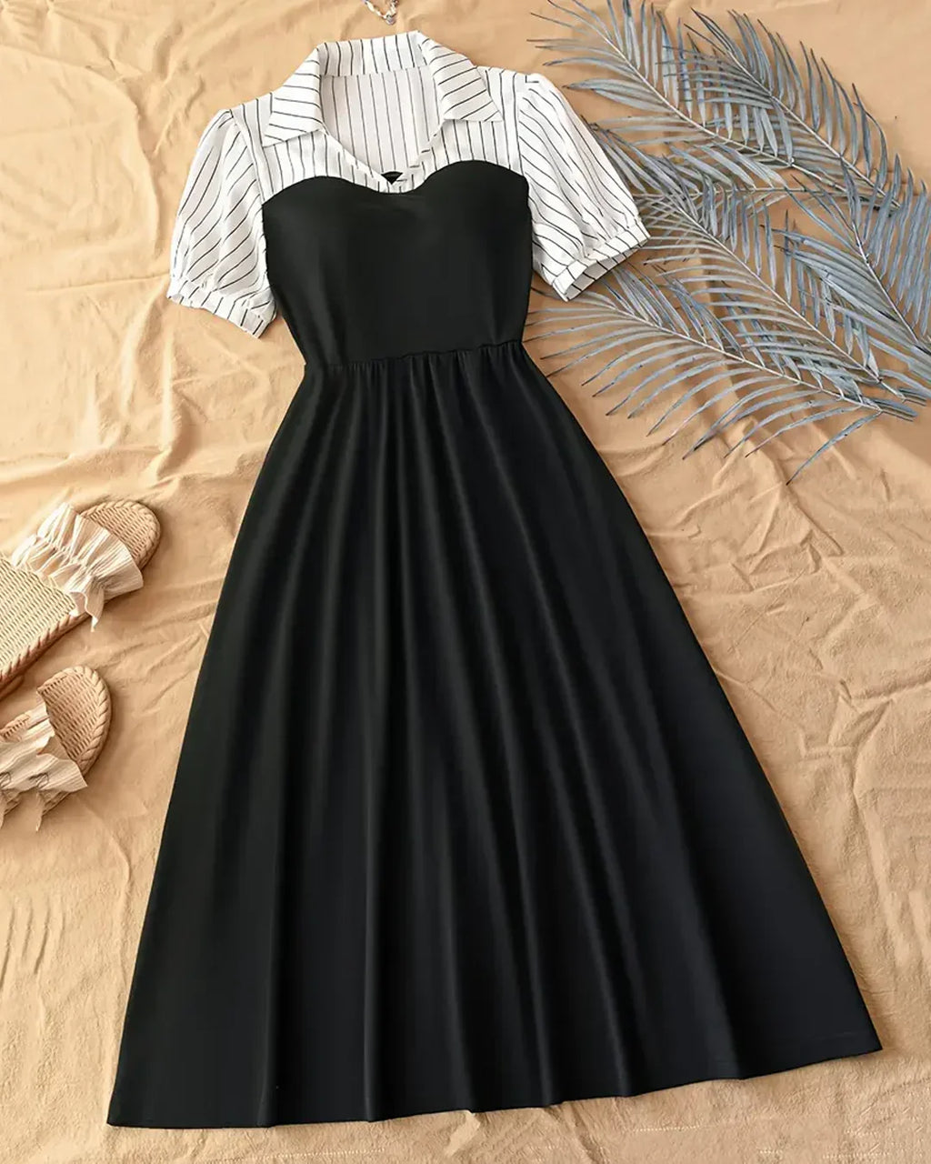 Collared Half Sleeves Midi Dress in Black and White