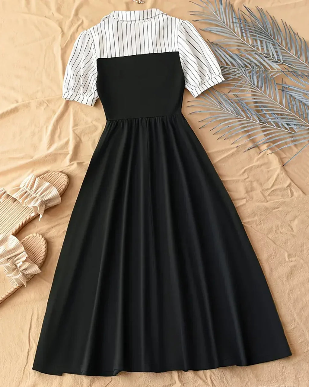 Collared Half Sleeves Midi Dress in Black and White