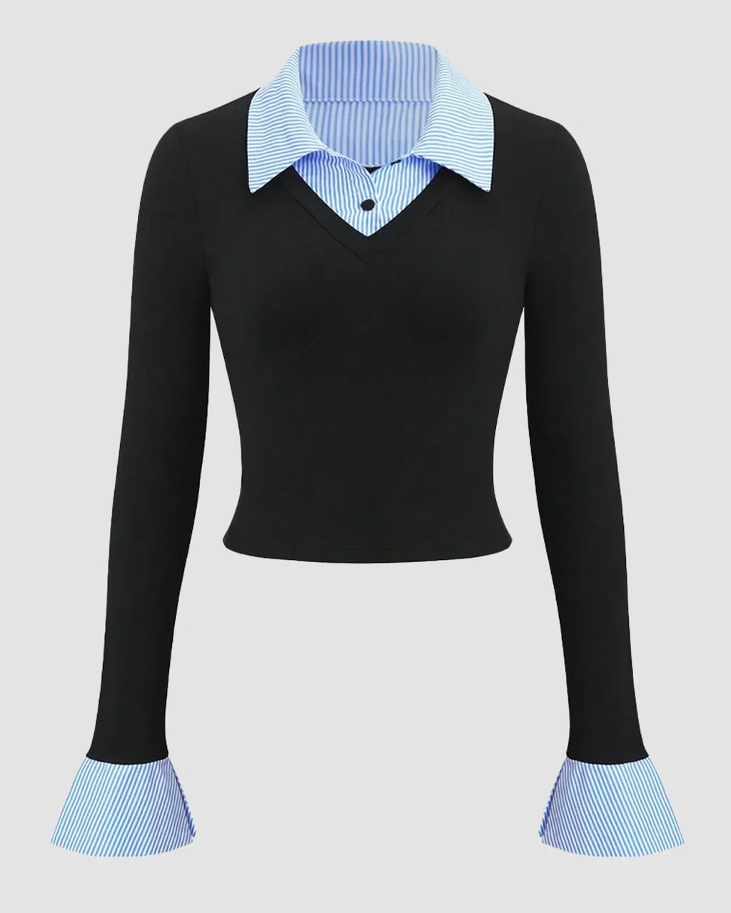 Collared Neck Contrast Cuff Knitted Full Sleeve Top in Blue and Black