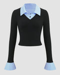 Collared Neck Contrast Cuff Knitted Full Sleeve Top in Blue and Black