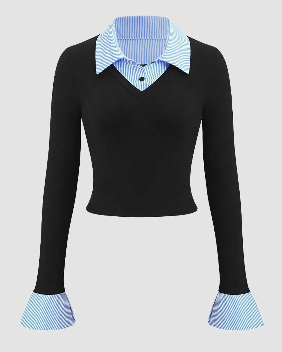 Collared Neck Contrast Cuff Knitted Full Sleeve Top in Blue and Black