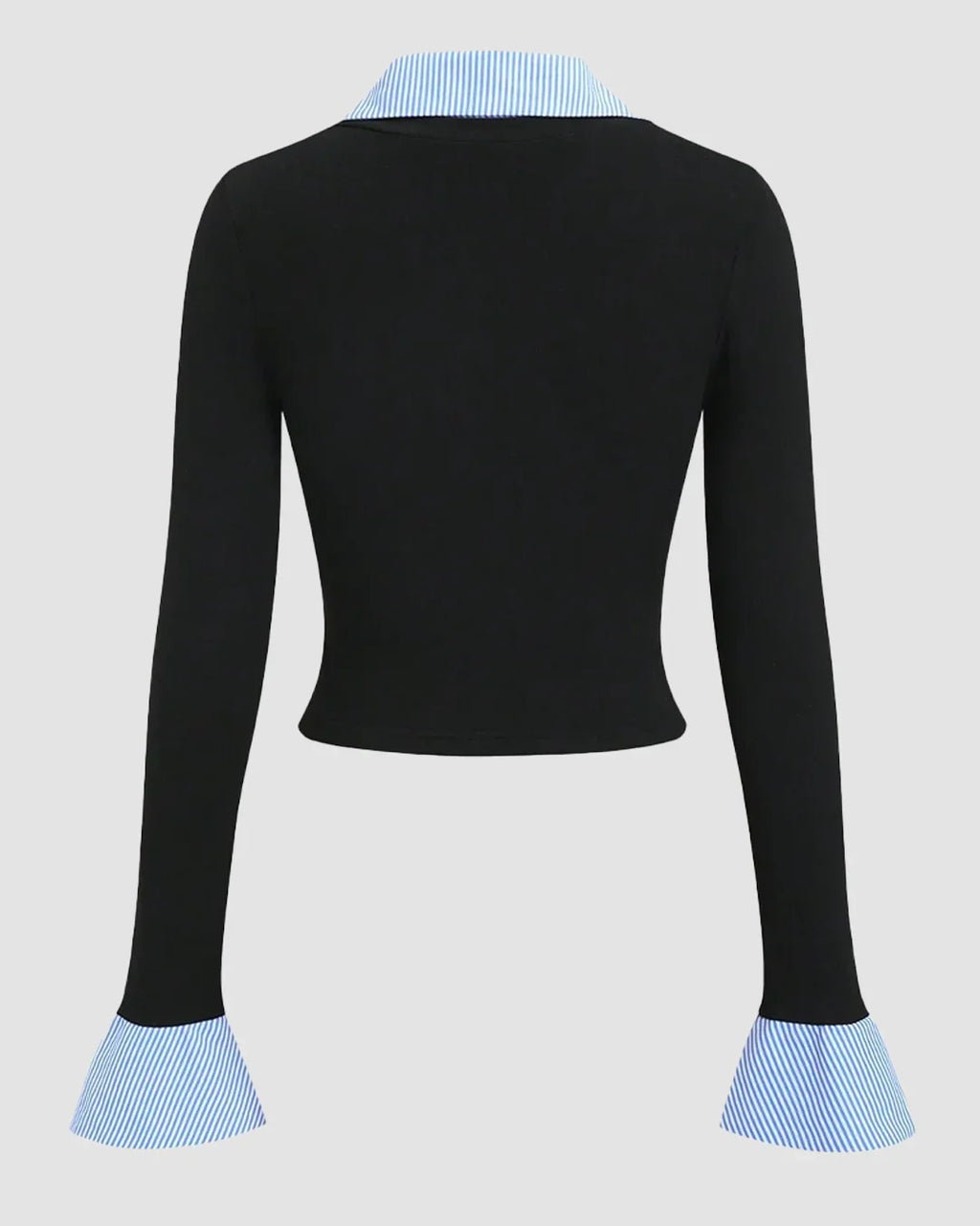 Collared Neck Contrast Cuff Knitted Full Sleeve Top in Blue and Black